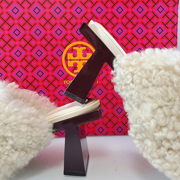 NWT$398 Tory Burch Block T 80mm Heel Shearling Heeled Mules Sandals Shoe Sz 5 - Picture 12 of 15